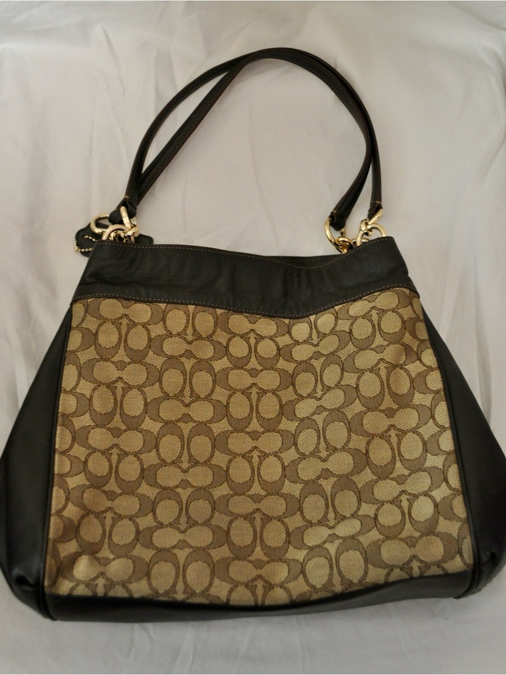Coach Brown Signature Canvas Shoulder Bag with Black Leather Trim - Picture 2 of 5